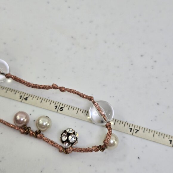 J Crew Pink Necklace Faux Pearl Rhinestone Chain Cord Knot Long Boho Bauble - Picture 8 of 8